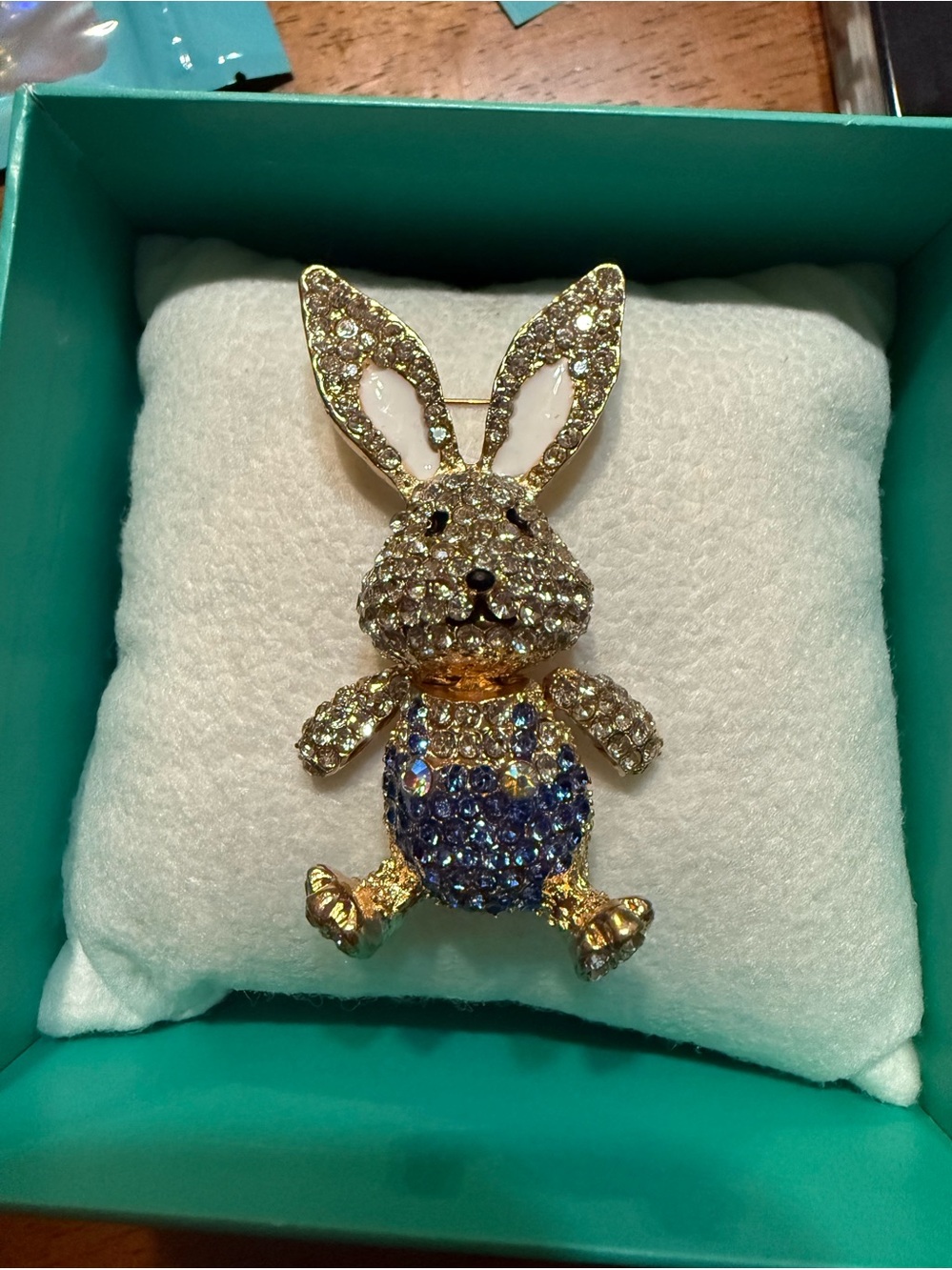 Set of 2 gold Tone Crystal Bunny Brooch with Blue Accents and Owl brooch in pin